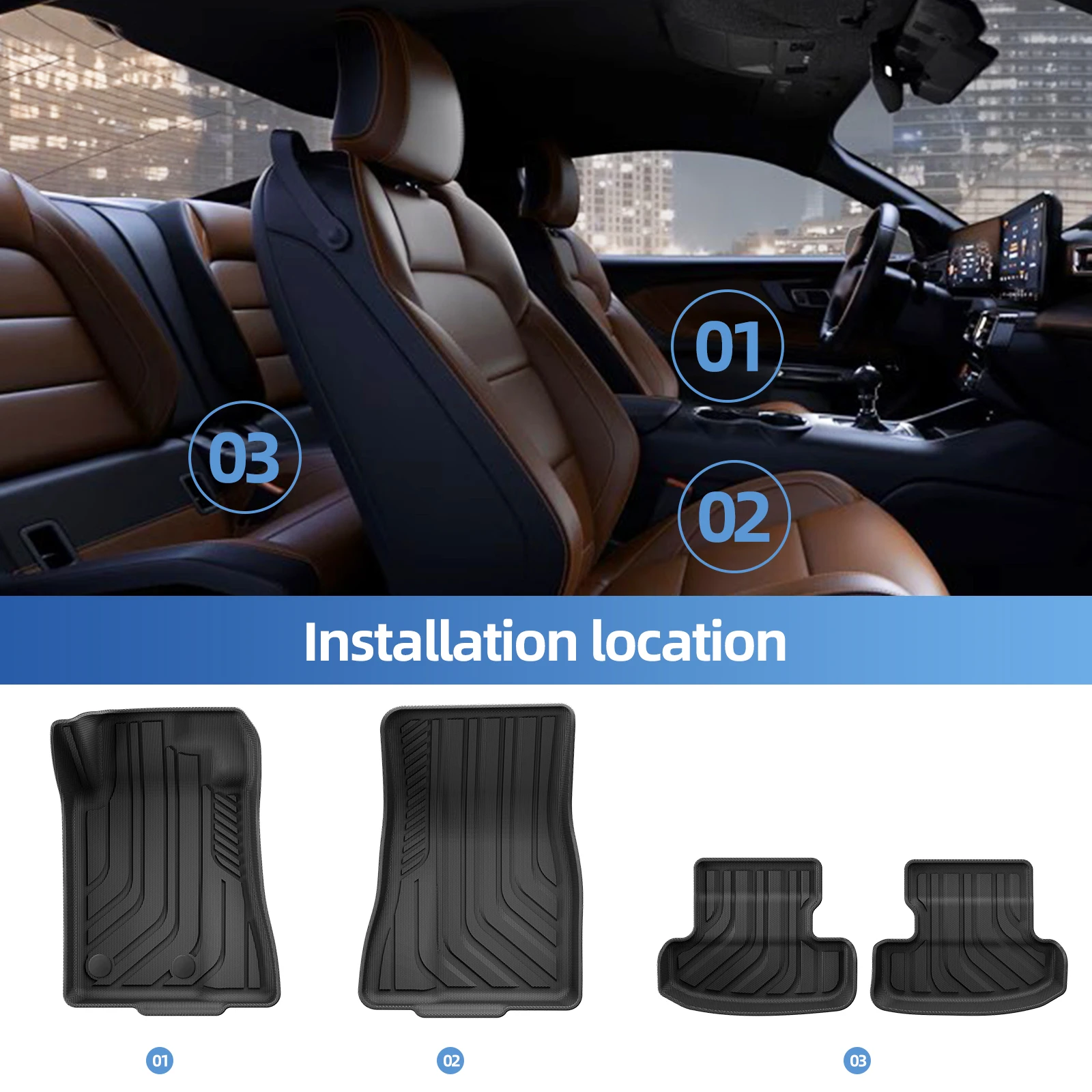 Tapetes de Carro para Ford Mustang 2015-2026 (NÃO para Mustang Mach-E, Forro de Porta-Malas com Subwoofer) em TPE Impermeável PRETO