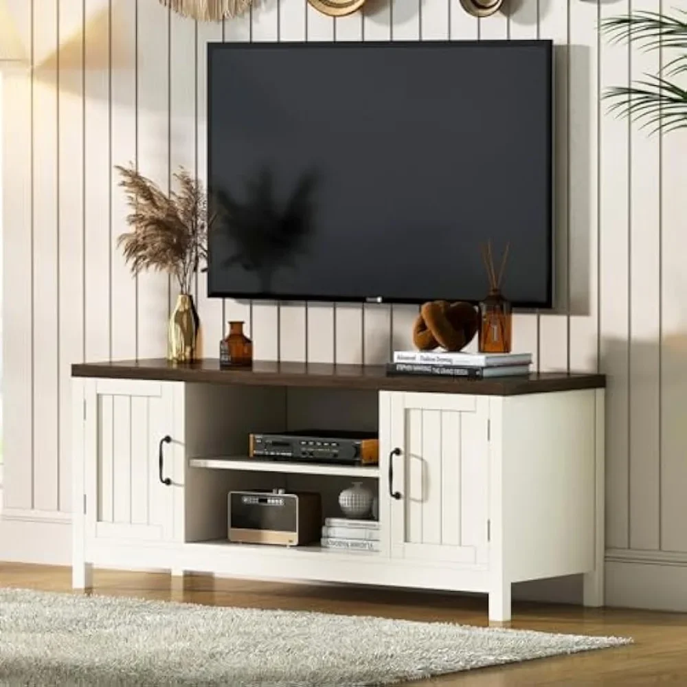 

55 inch living room TV cabinet with wooden slotted doors for storage cabinets and open shelves,used in living rooms and bedrooms