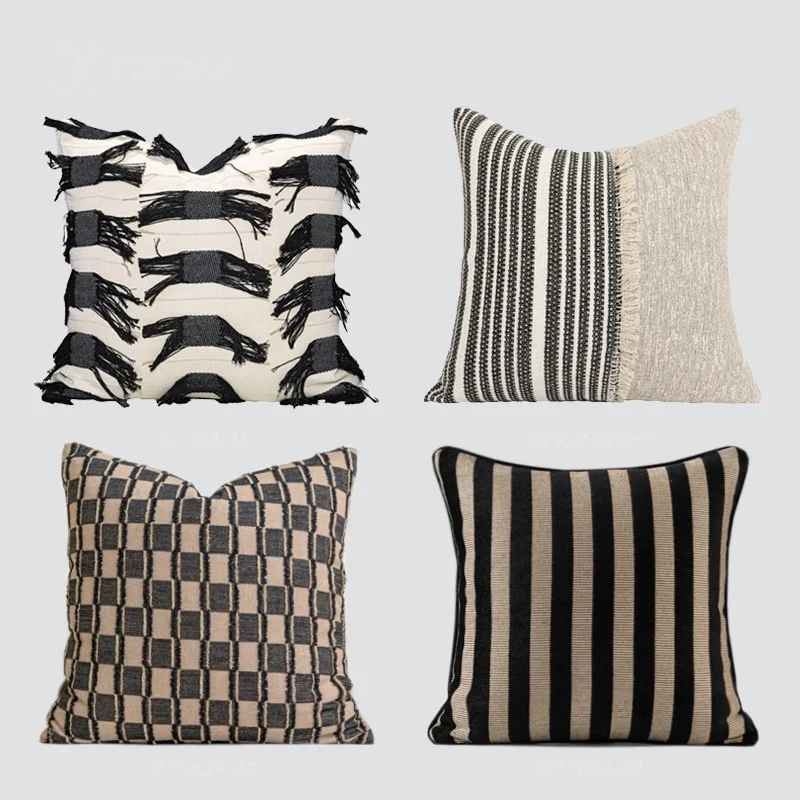 

Modern Wabi-Sabi Style Beige and Black Patchwork Pillowcase Backrest Cushion Cover Tassels