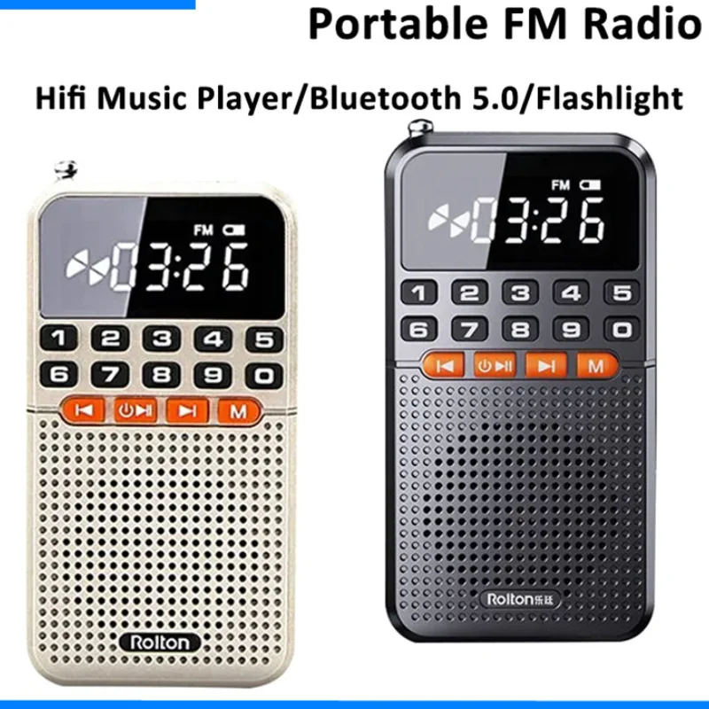 Przenośny głośnik Bluetooth 5.0 FM Mini Radio podwójna antena kieszonkowy odbiornik radiowy odtwarzacz muzyczny TF z latarką LED