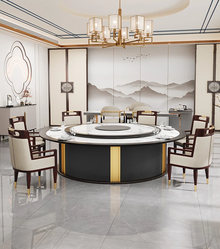 Hotel rock grand round hotel villa 20 people solid wood dining table and chair club box restaurant electric turntable table