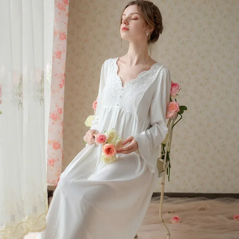 Embroidery Lace Cotton Night Dress Women Autumn Fairy Long Sleeve Loose Sleepwear Vintage Sexy V Neck Nighty Victorian Nightgown