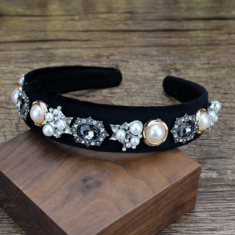 Handmade Navy Gray Crystal Vintage Headbands Pearl Elegant Hairbands For Girls Women Party Hair Accessories