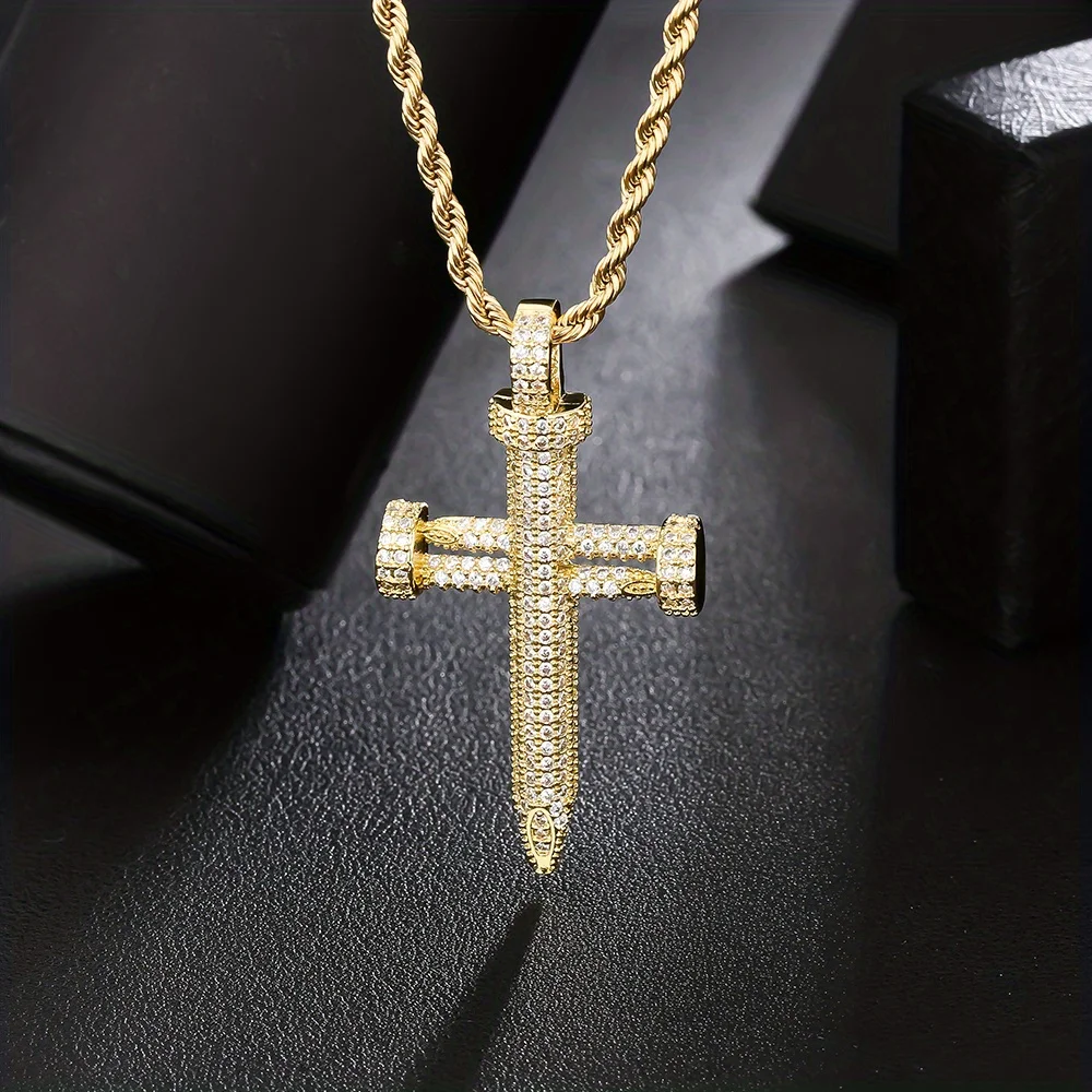 JEWE 18k Golden Plated Hip Hop Nail Cross Pendant with Zirconia Iced Out Men's Necklace Chain Jewelry