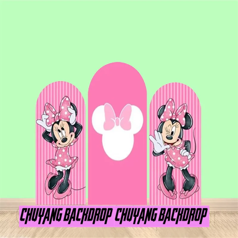 Pink Minnie Mouse Round Arch Cover Wall Backdrop Cartoon Disney Arch Background Girl Birthday Party Decor Elastic Backdrop Cover