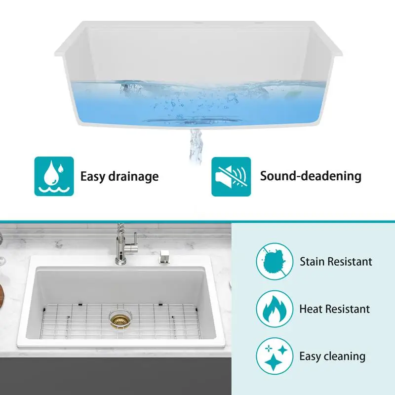 حوض مطبخ منسدل لمحطة العمل المركب من الجرانيت الأبيض مقاس 33 × 22 بوصة #5