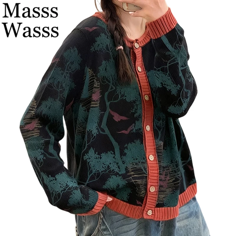

Masss Wasss 2025 Winter Womens Printed Loose Leisure Fashion Sweaters Females Vintage Cardigans Cotton Classic Floral Knitwear