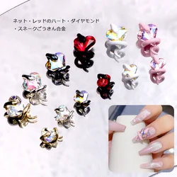 TSZS 10pcs/lot 3D Snake Heart Crystal Alloy Nail Charms Gold Silver Alloy Snake Around Crystal Nail Decoration