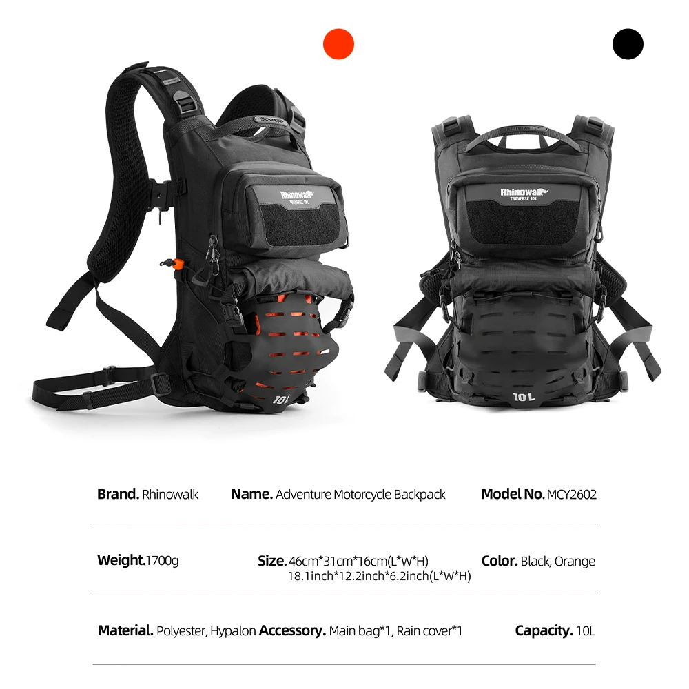 Rhinowalk Motorcycle Backpack Waterproof 10L Adventure Outdoor Tactical Bag With Hidden Rain Cover Protective Back Panel MOLLE