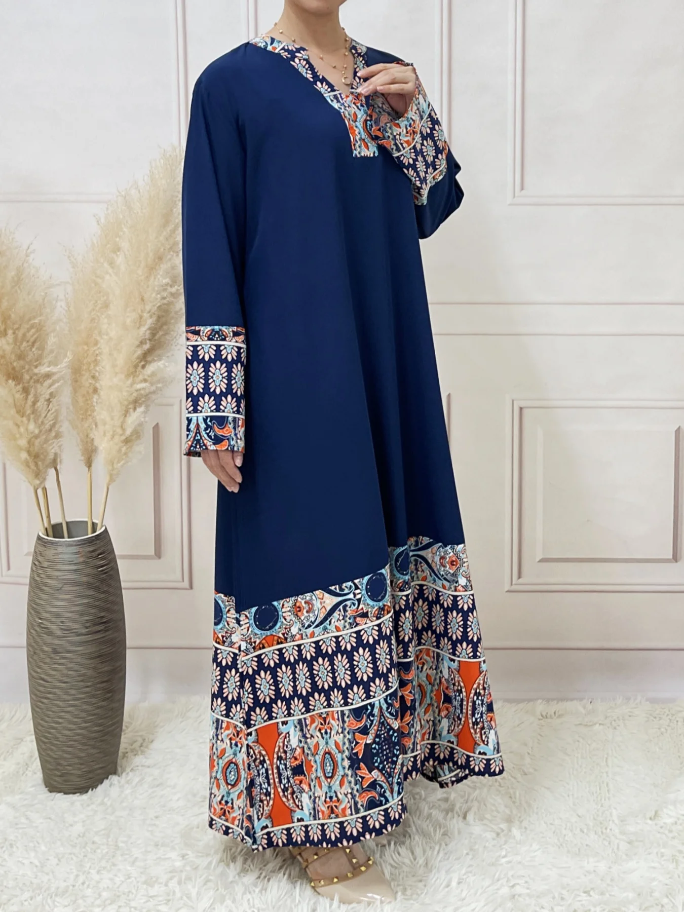 Ethnic Pattern Long Sleeve Dress V Neck Casual Holiday Wear