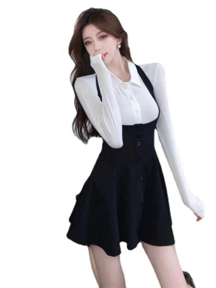 Two Pieces Sets 2024 Spring Y2k Aesthetic Harajuku Turn Down Collar Long Sleeve Top + Halter Sweet Solid Dress Women Outfits