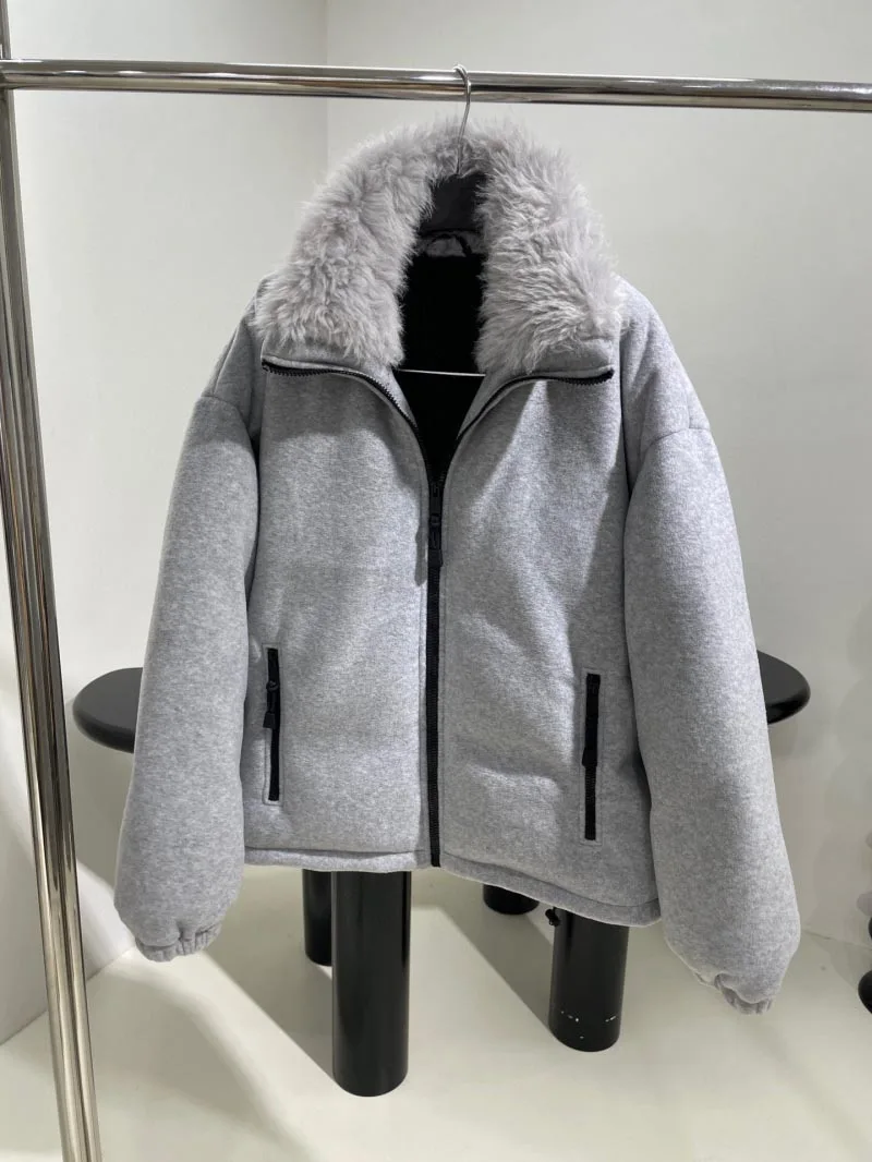 2024 inverno moda gola de pele ganso para baixo casaco para mulheres de alta qualidade cinza velo parka manga longa quente zip casaco feminino para baixo