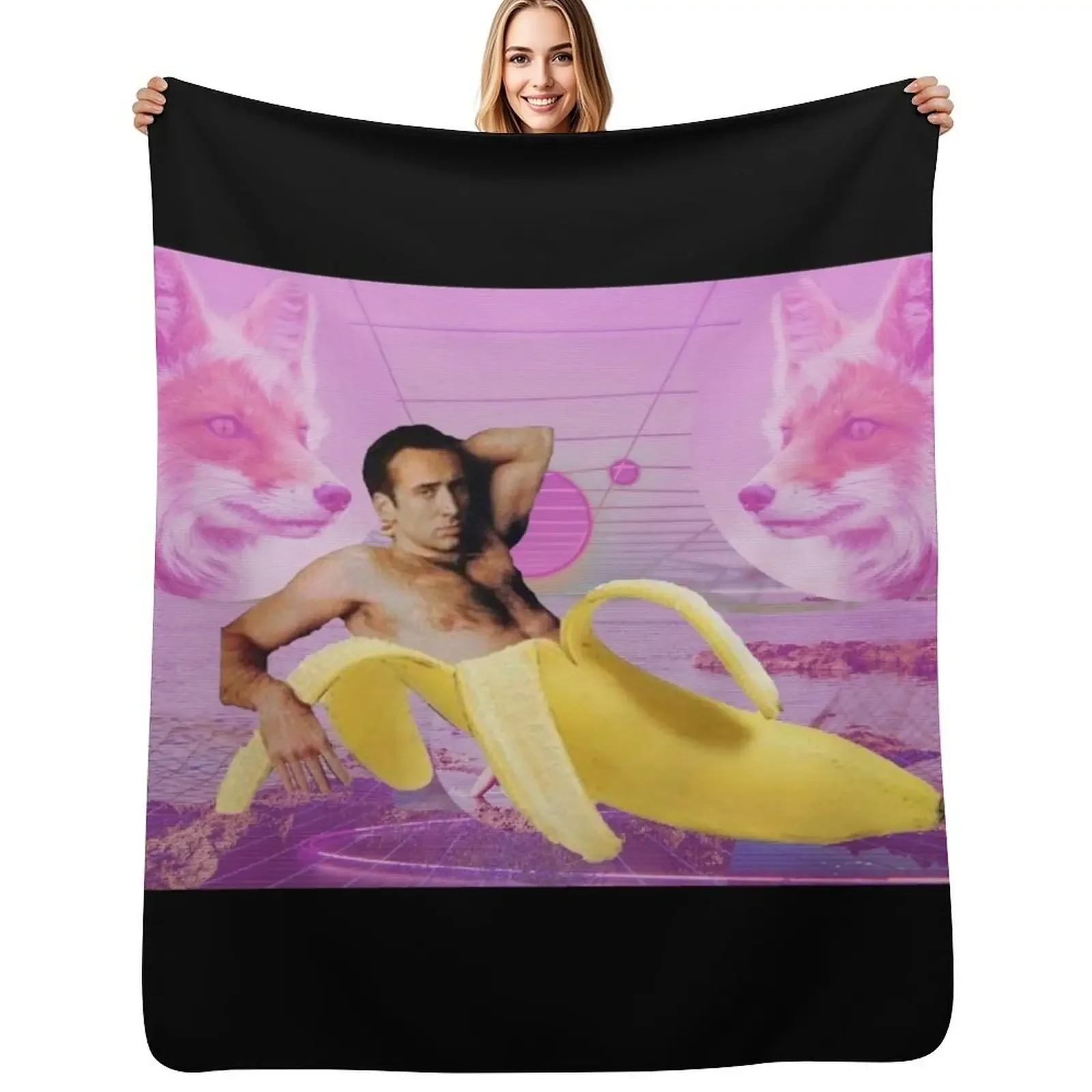 

Nicholas Cage Banana Vaporwave Throw Blanket wednesday Furrys Flannel Fabric Blanket