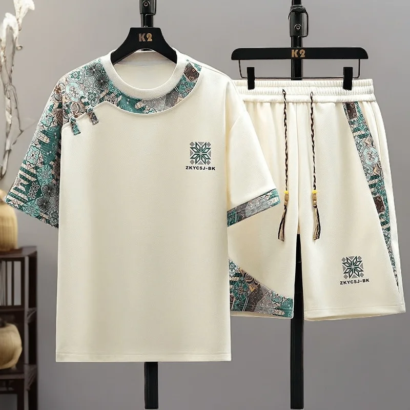 Summer New Fashion Trend Print Comfortable Breathable Short Sleeve Shorts Set Men's Casual Loose Sports Plus Size Two-Piece Set