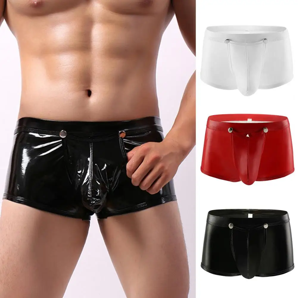 Men Faux Leather Underwear Party Nightclub Men's Underwear Smooth Faux Leather Boxers with U Convex Design Low Waist Elastic