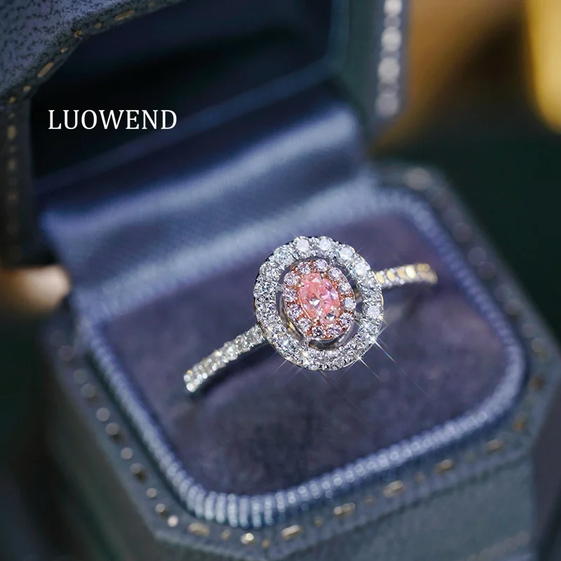 LUOWEND 100% 18K White Gold Rings Elegant Oval Shape Real Natural Pink Diamond Engagement Ring for Women High Wedding Jewelry