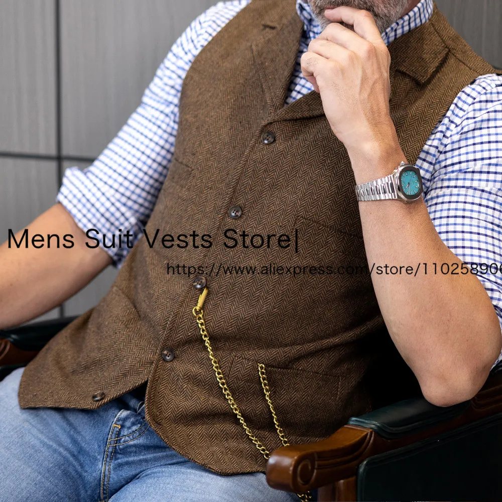 Lapel Neck Men\'s Herringbone Suit Vest Single Breasted Tweed Waistcoat Business For Groom Real Image