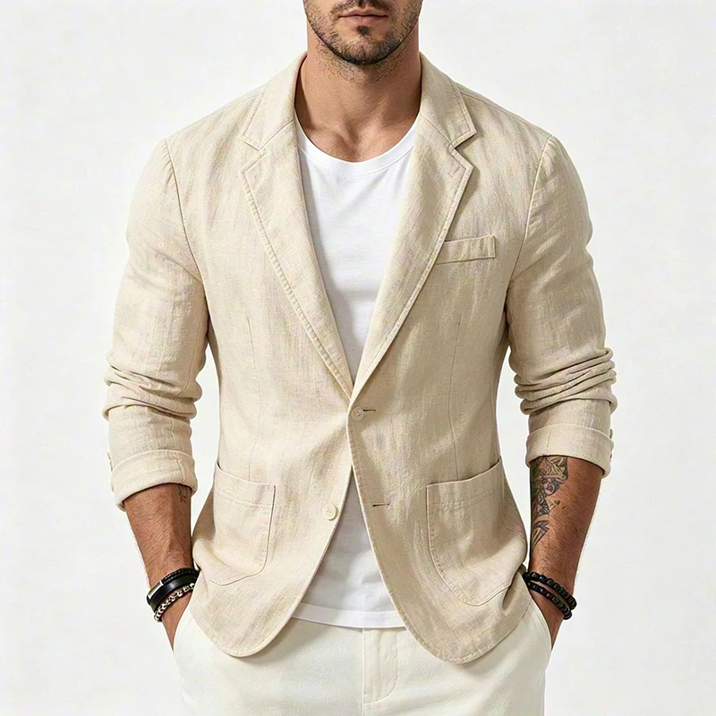 Fall Casual Turn-down Linen Mens Cardigan Vintage Solid Color Buttoned Slim Outerwear Fashionable Long Sleeve Men Jackets