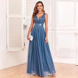 Women's Dark Blue Patchwork Stretch Waist Sleeveless Dress Double V Neck Evening Dress Embroidery Long A-Line Big Swing Dresses