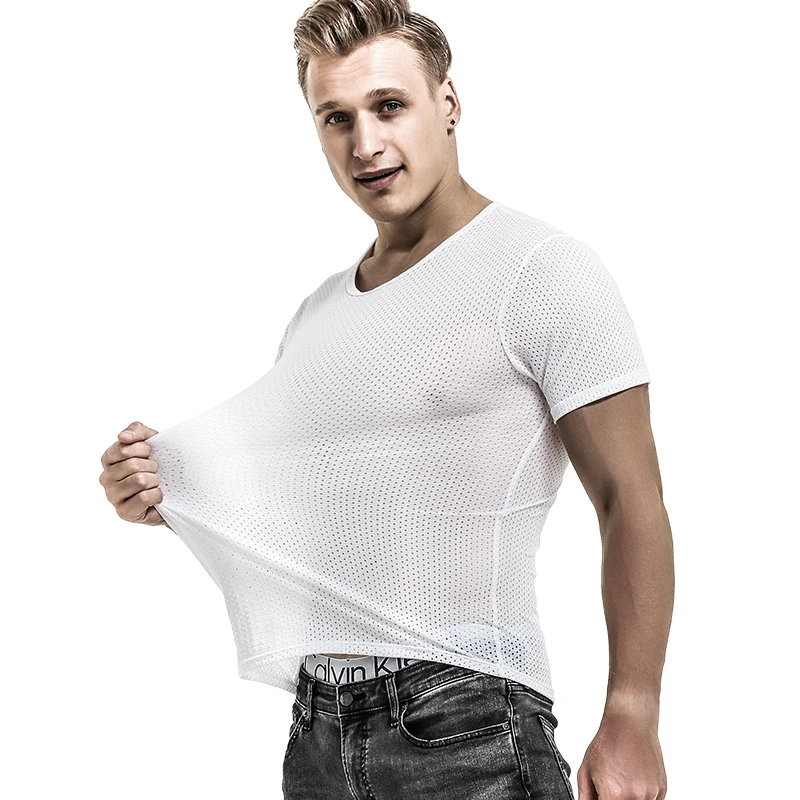 Ice mesh eye T-shirt Men's mesh breathable mesh hollow sports fitness summer quick dry loose V-neck tide mesh short sleeve