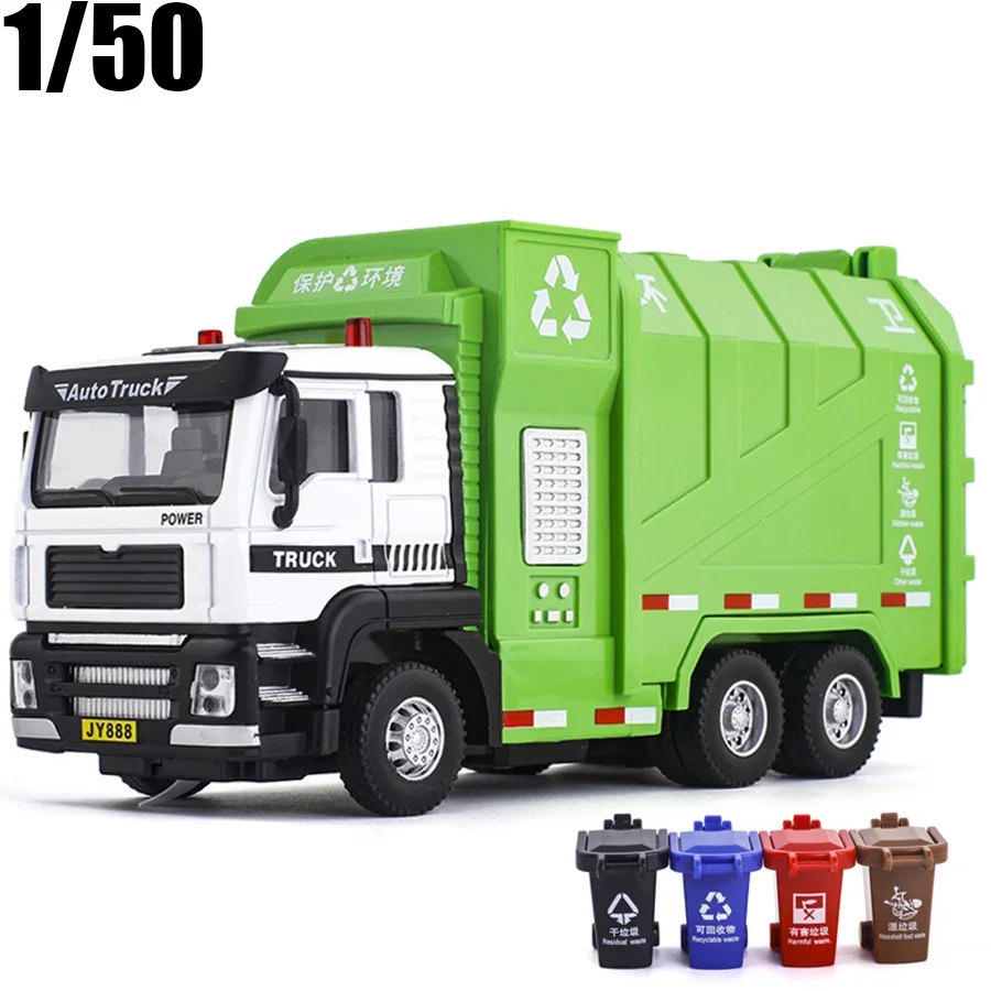 Die-Cast Engineering Garbage Truck Toy with Lights Pull-Back Action Ideal Gift for Boys and Kids Who Love Vehicles