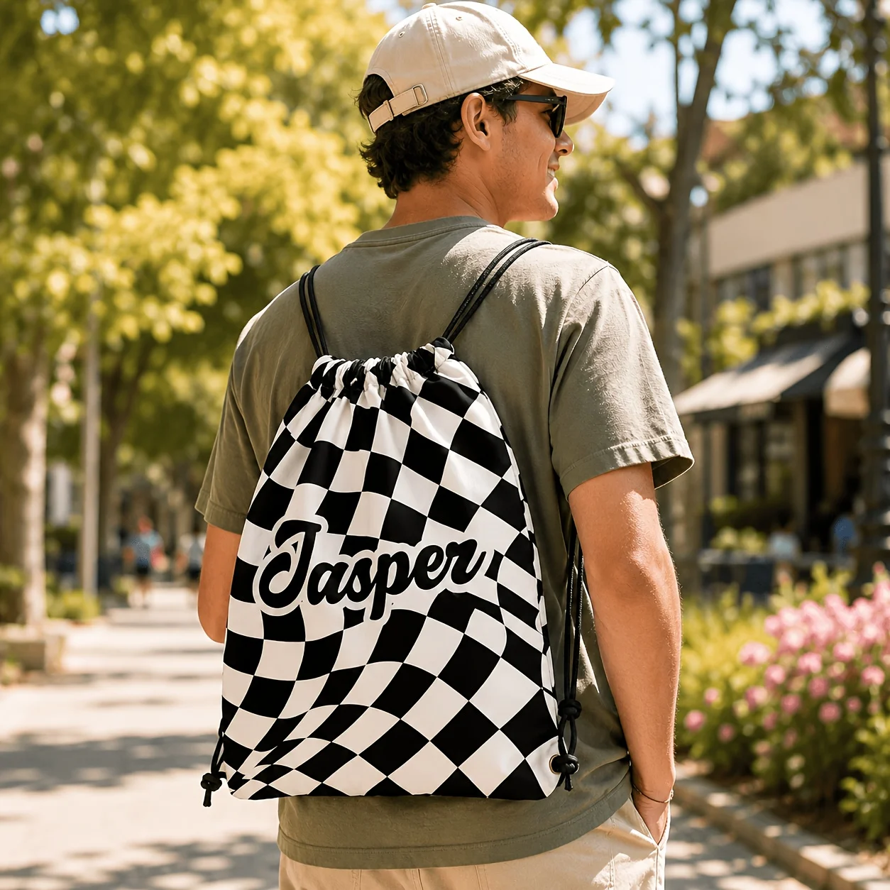 Personalized And Cool Checkered Drawstring Backpack Custom Name Striped Sports Gym Bag with Pockets for Travel Outdoor Xmas Gift