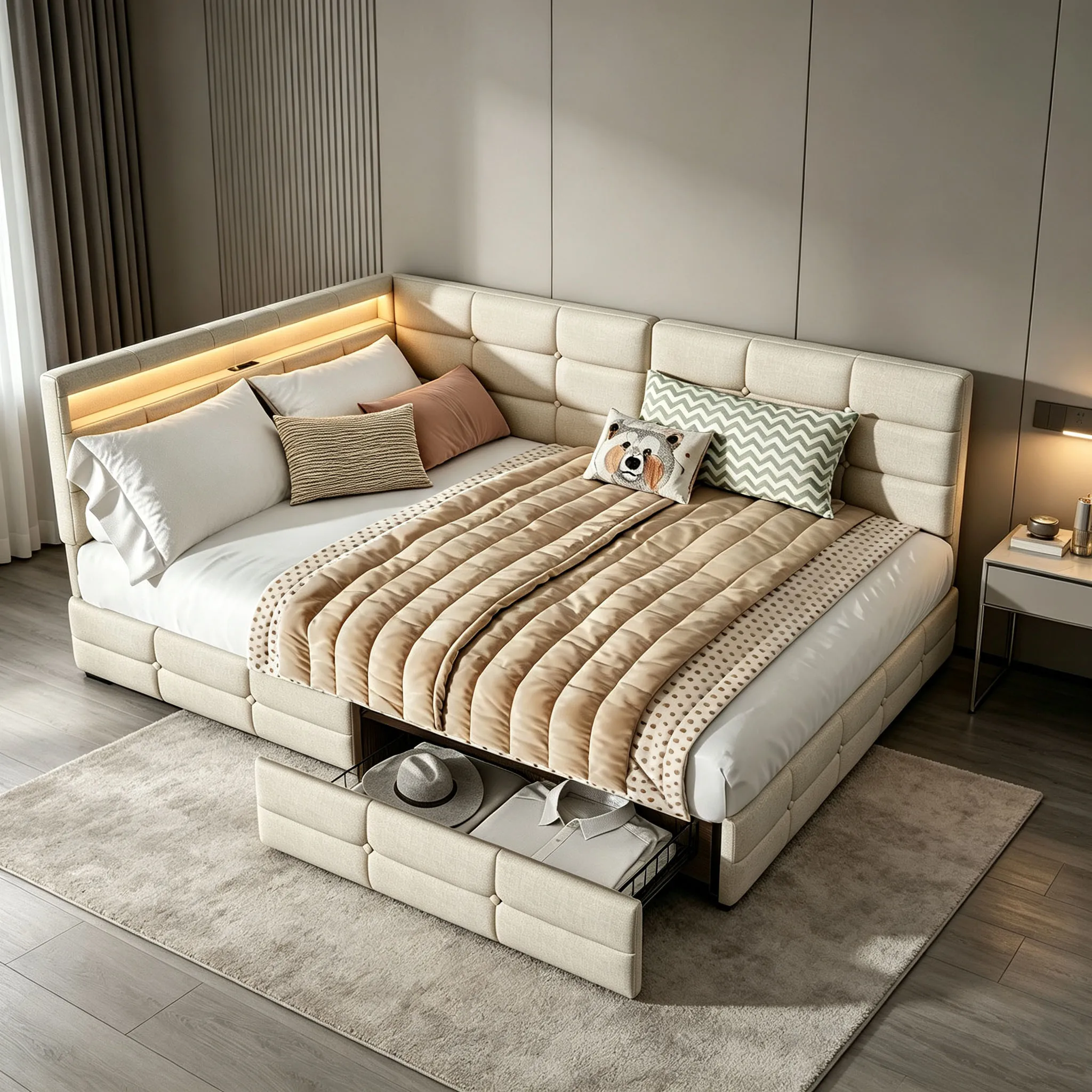 Superaly, L-förmiges Schlafsofa 140x190cm, beige, mit Leinen bezogenes Tagesbett mit Schubladen zur Aufbewahrung, multifunktionales Eckbettgestell mit Lattenrost, platzsparendes Möbelstück für