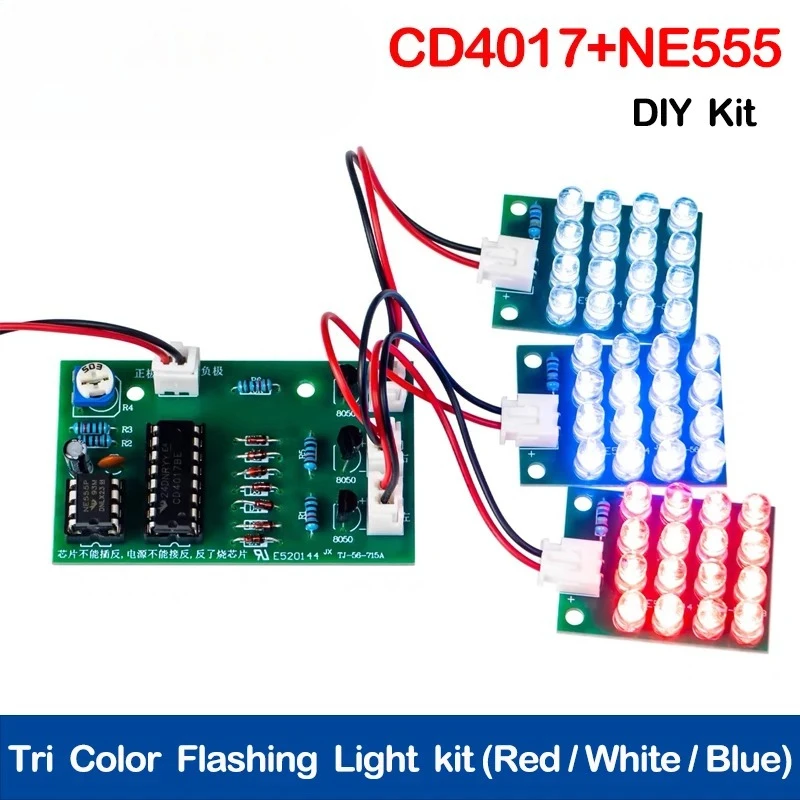10Set CD4017 NE555 RGB Strobe Light Kit - DIY Red White Blue LED Flashing Warning Light with PCB Board for Car/Bike/Safety