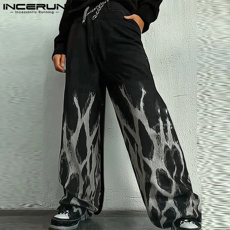 INCERUN 2024 American Style Trousers Stylish Men's Funny Printed Mesh Pattern Long Pants Leisure Hot Sale Straight Leg Pantalons