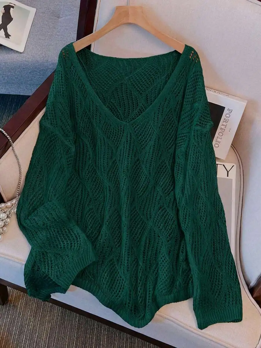 

Women V-Neck Hollow Rhombus Loose Knit Cover Up Airy Breathable Beach Resort Spring Summer