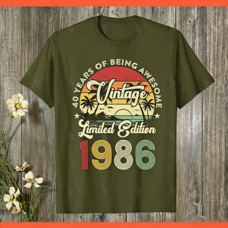 Vintage Limited Edition 40th Birthday Instant Download 40 Years of Being Awesome 1986 Sublimation Hipster Street Fashion Tee