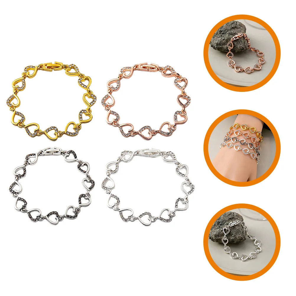 

4Pcs Love Heart Bracelets Durable Alloy Fashion Wrist Chain Jewelry Women Simple Stylish Wrist Decor Heart Bracelet