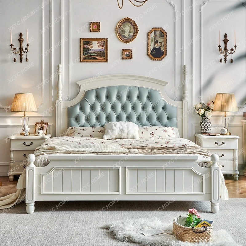 NN Cream wind  bed all solid wood walnut wood cocoa egg milk white bedroom leather soft bag 1.8m air pressure high box