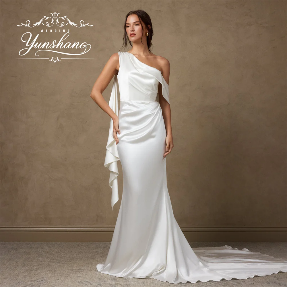 Yunshang personalizado romântico um shoudler sereia vestido de casamento trem varredura 2025 babados sem costas vintage até o chão morden