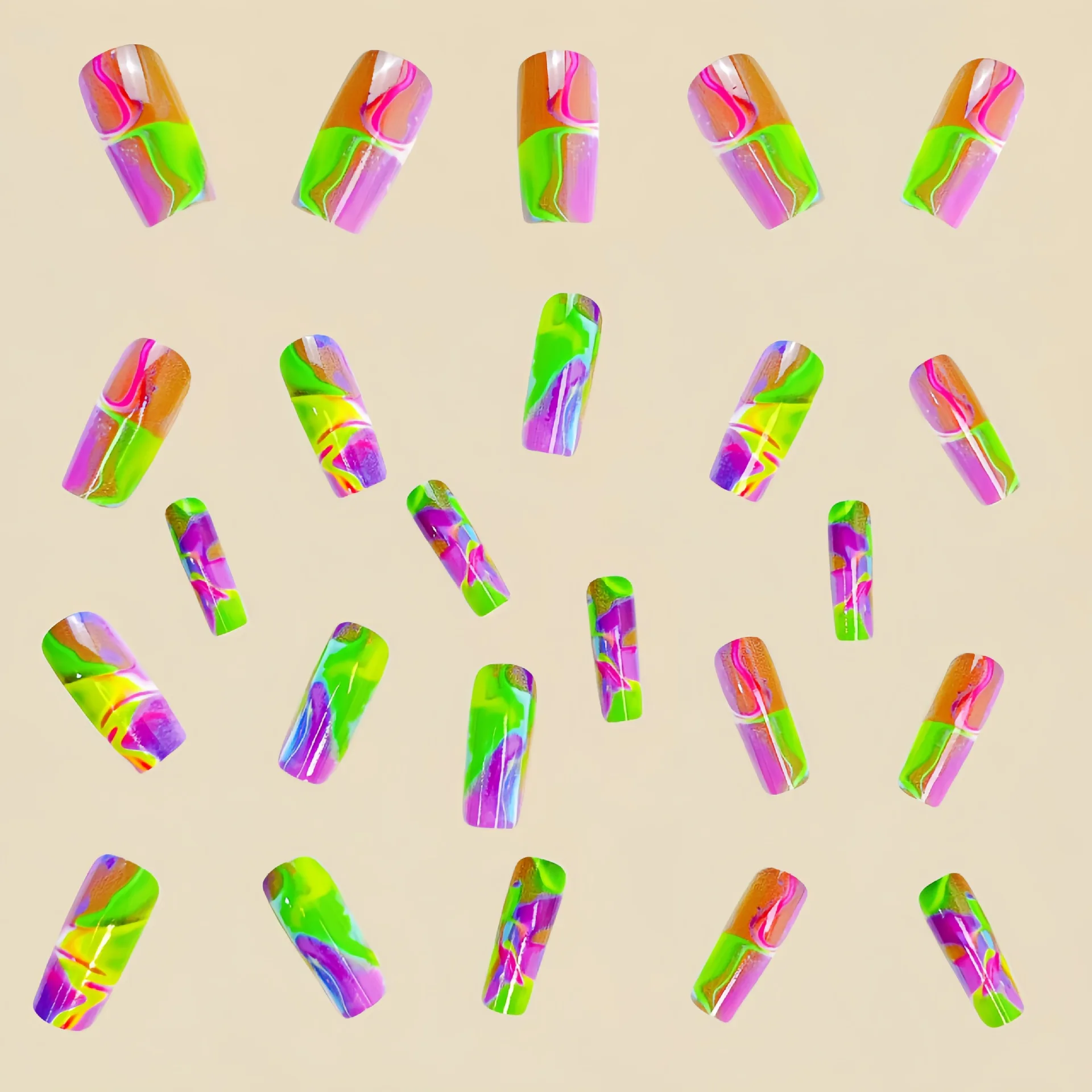 Stampa sulle unghie Unghie finte quadrate medie lucide Glitter Blu Miscelazione Stampa sulle unghie con strisce di fiamma Disegni Unghie artificiali