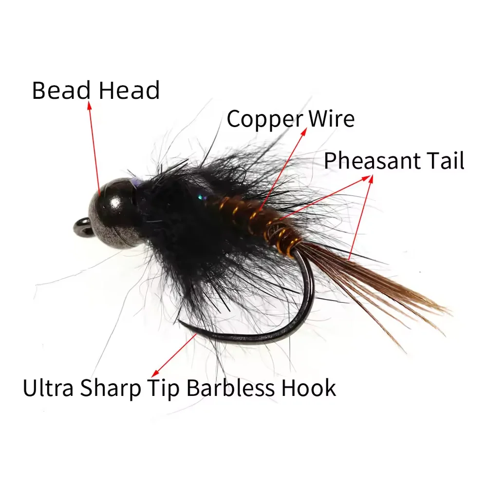 5pcs #8 #10 #12 Bead Head Flash Back Pheasant Tail Nymph Barbless Fish Hook Wet Nymph Fly Fishing Trout Perch Fishing Lure