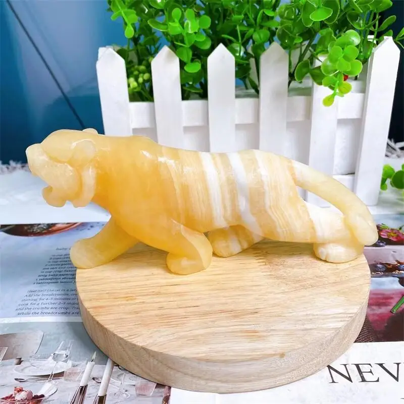 

16cm Natural Yellow Calcite Tiger Crystal Animal Carving Crafts Healing Powerful Animal Home Decoration Gift 1pcs