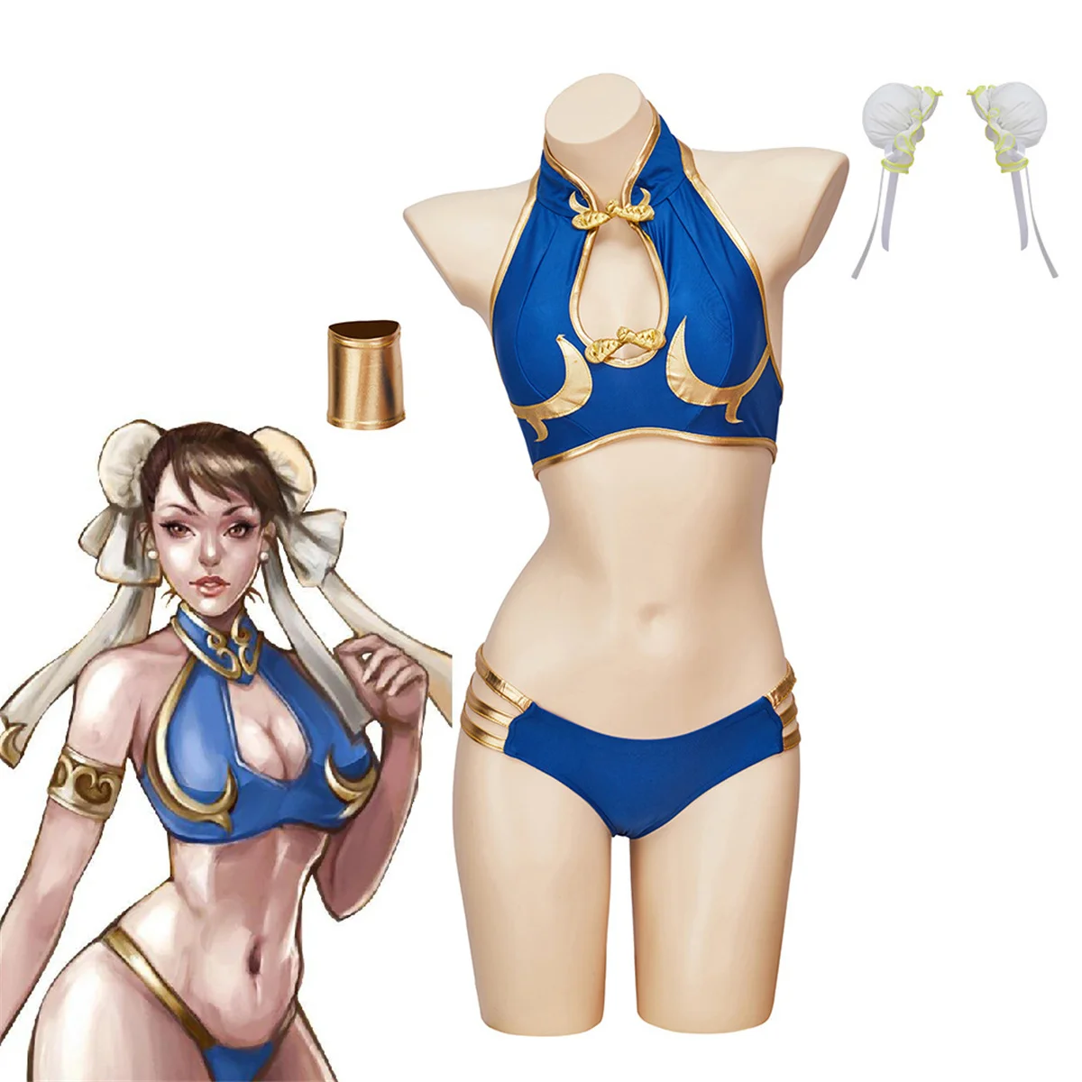 

Game Cosplay Chun Li Costume Women Girls Sexy Blue Halter Neck Cutout Bikinis Low Waist Shorts Halloween Battle Swimwear Suits