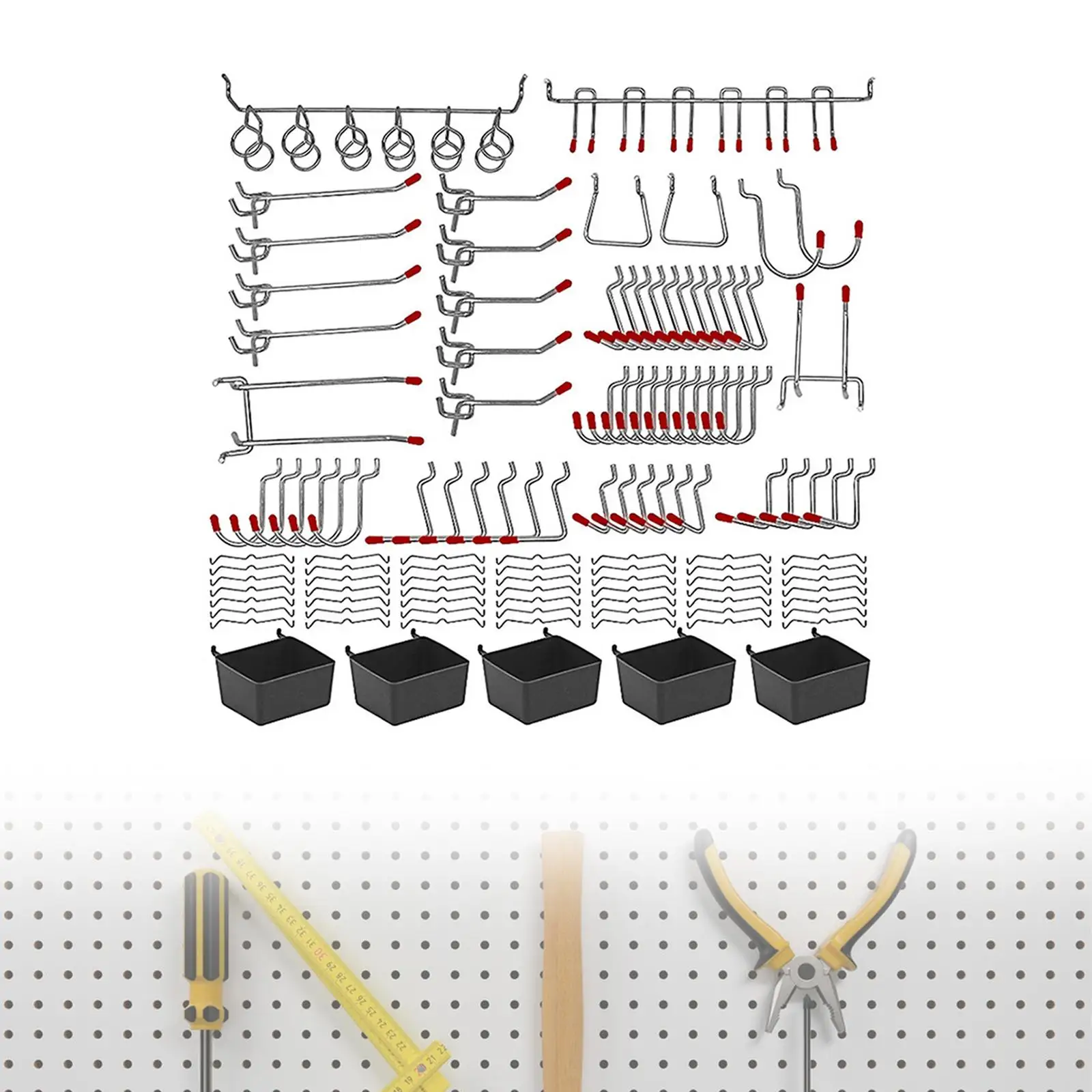 114x Pegboard Hooks Assortment with Bins Wall Pegboard Accessories Organizer Kit for Hiking Craft Room Tool Shed Hobby Supplies