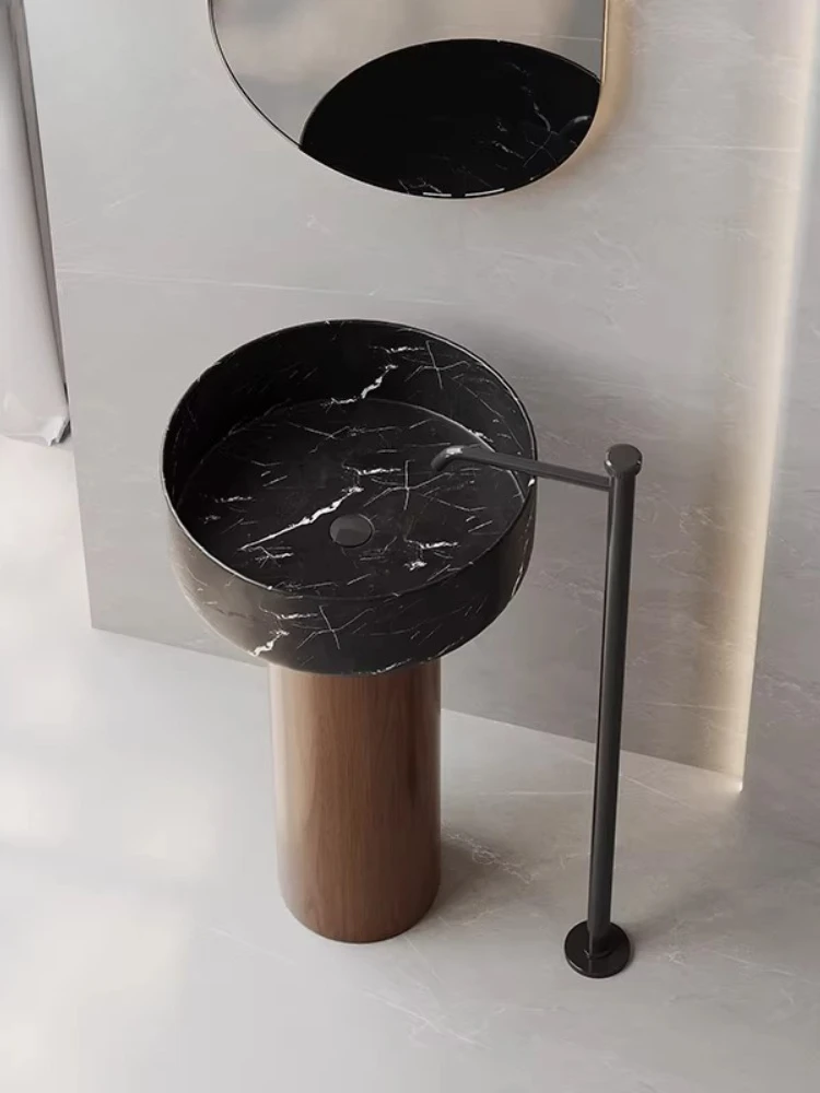 Medieval style wood grain column basin hotel B & B creative column type wash basin black and white root vertical type
