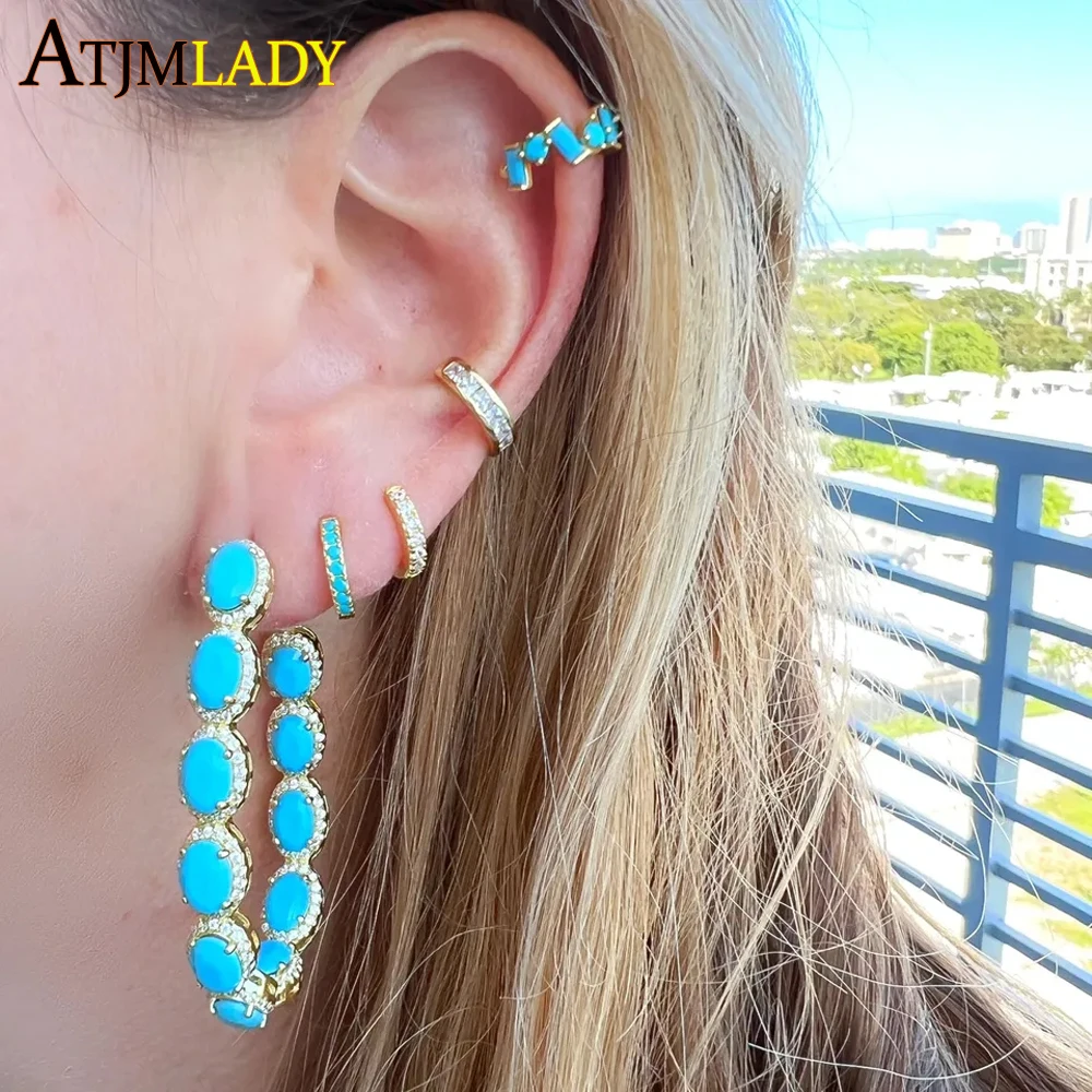 39mm Medium Sized Hoop Earring Geometric Oval Shaped Turquoises Huggie 5A Cubic Zirconia Bohemian Vintage Fashion Women Jewelry