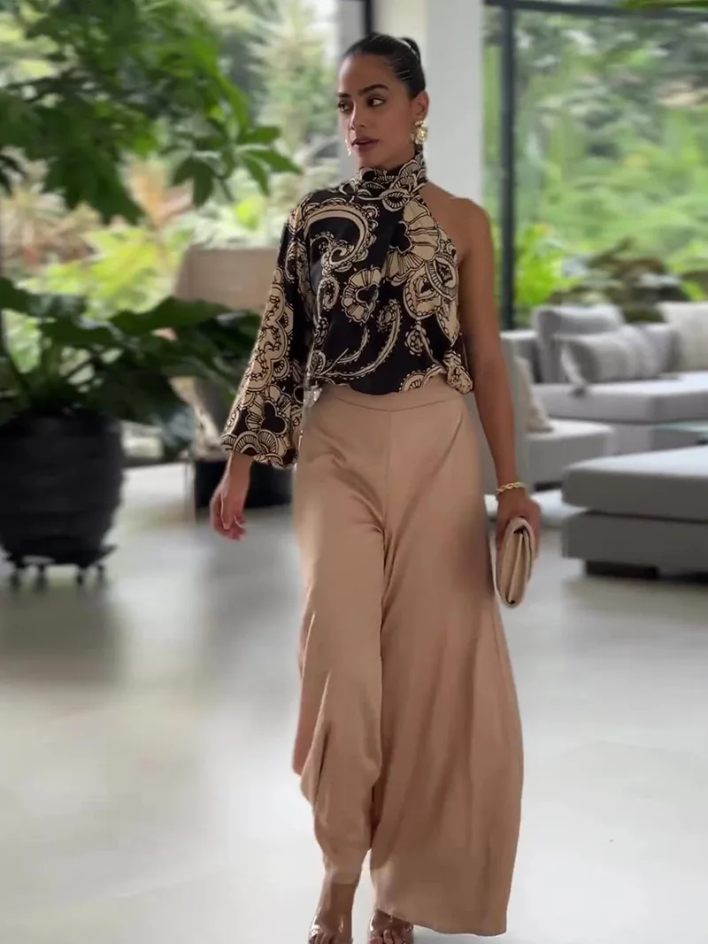 2024 summer fashion new women\'s suit asymmetrical sleeveless long sleeve top wide leg pants two-piece set