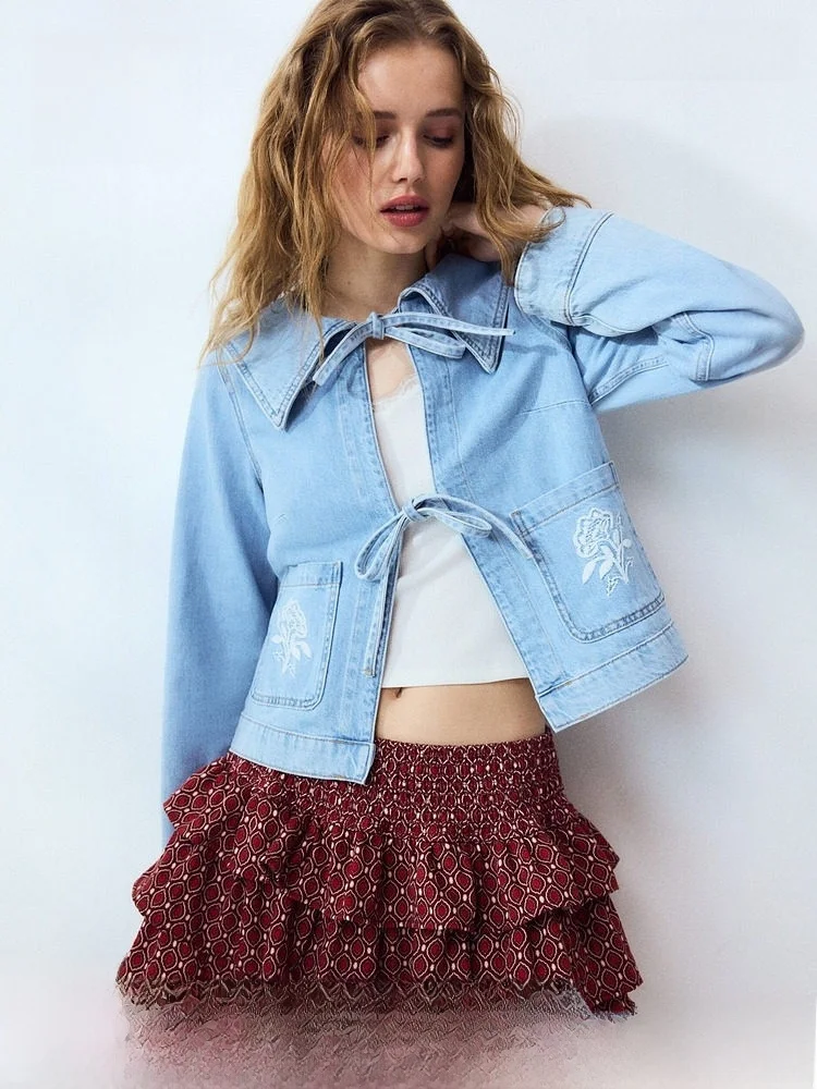 

Spring 2026 Women's Denim Jaet Front Bow Tie Slim Fit Cotton ort Coat H&M Sle Embroidered Detail Universal Fit