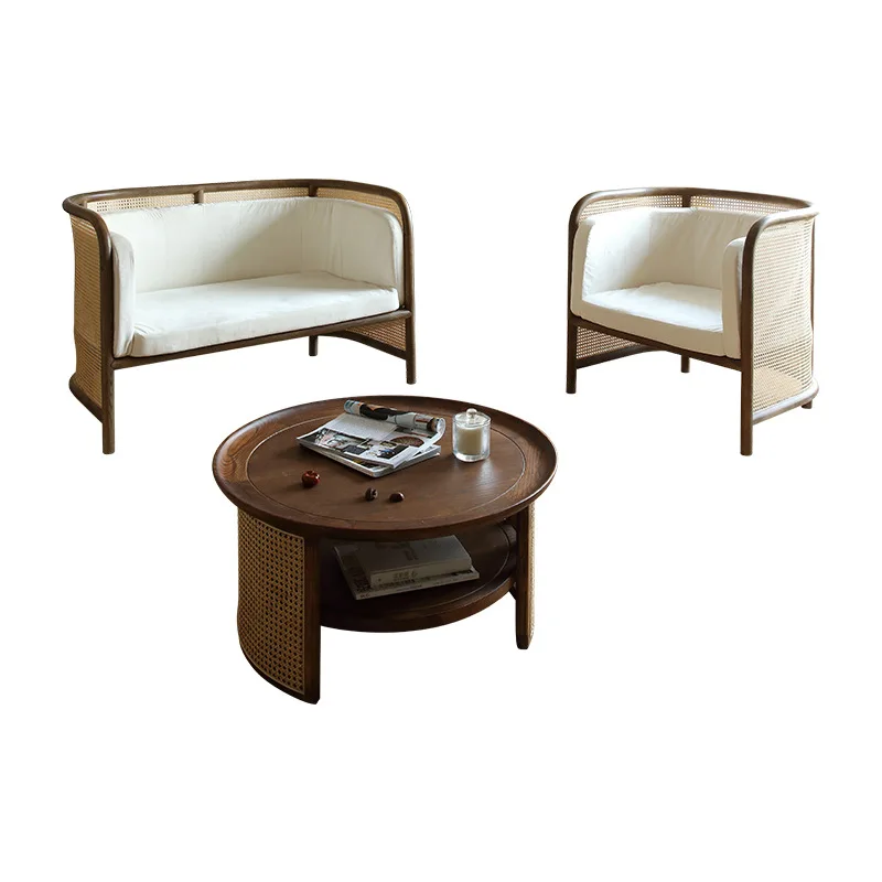 Wabi Sandy Wind Solid Wood Sofa Household Cream Wind Living Room Japanese Ash Wood Rattan Sofa Homestay Rattan Chair Combination
