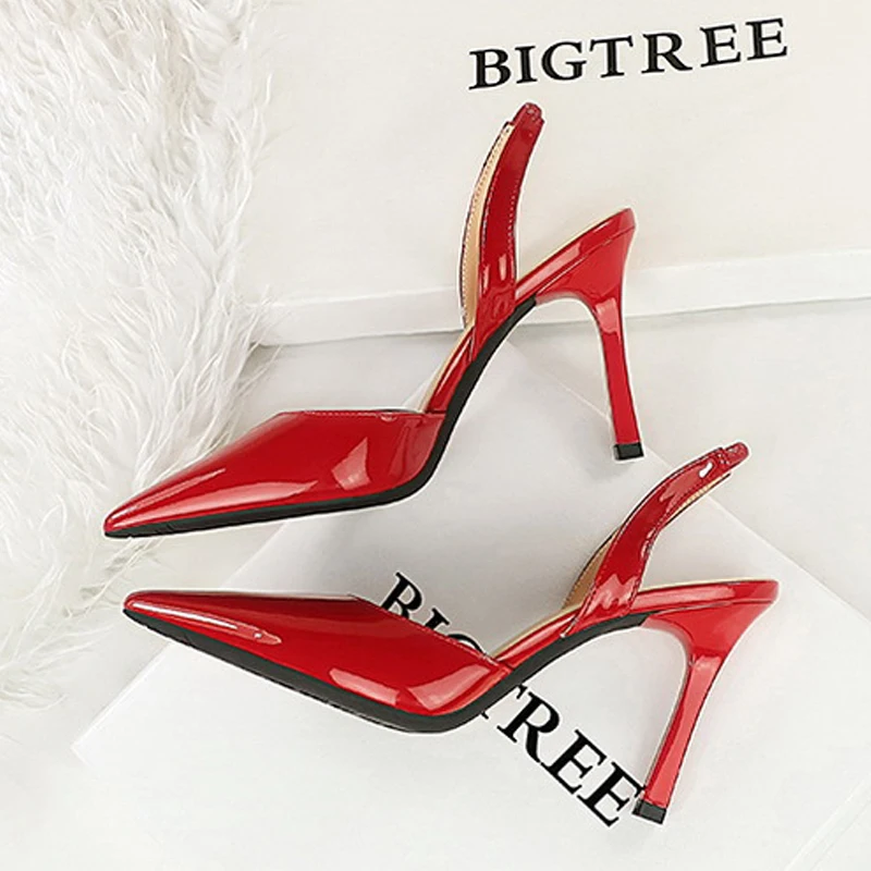 BIGTREE 2024 Spring Shoes Nude Heels Women Pumps Patent Leather Shoes Banquet Strap Hollow Women Thin Heels SLIP ON Sandals