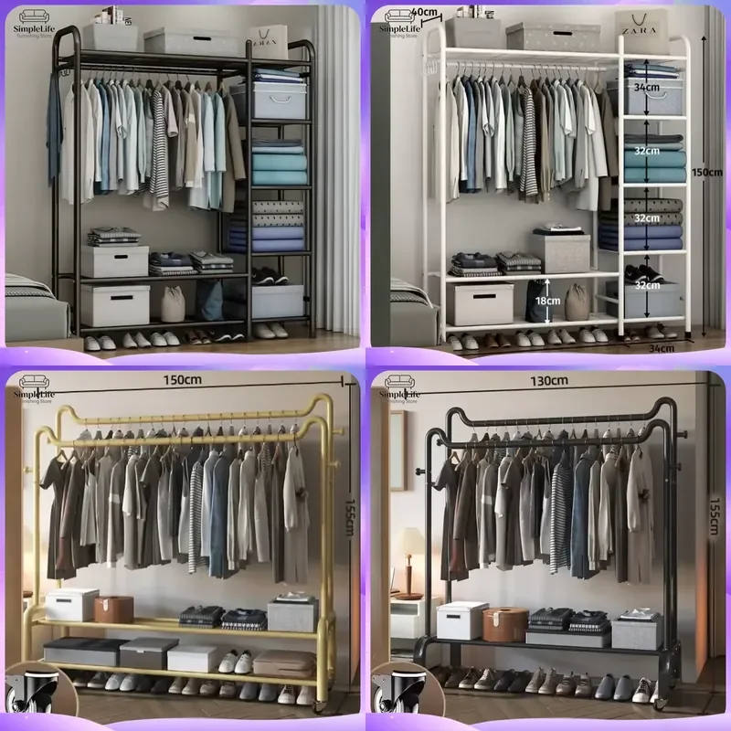 Modern Metal Coat Rack Standing Double Bar Hanger with Branches Multifunctional Clothes Organizer Entryway Hall Tree Storage