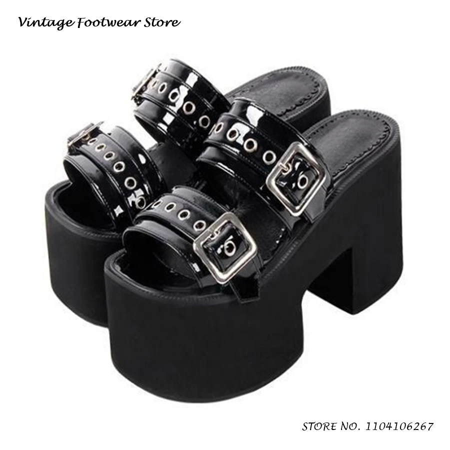 Dual Eyelets Belt Buckle Platform Slippers Punk Street Style Height Increasing Shoes Women's Round Open Toe Thick Sole Mules