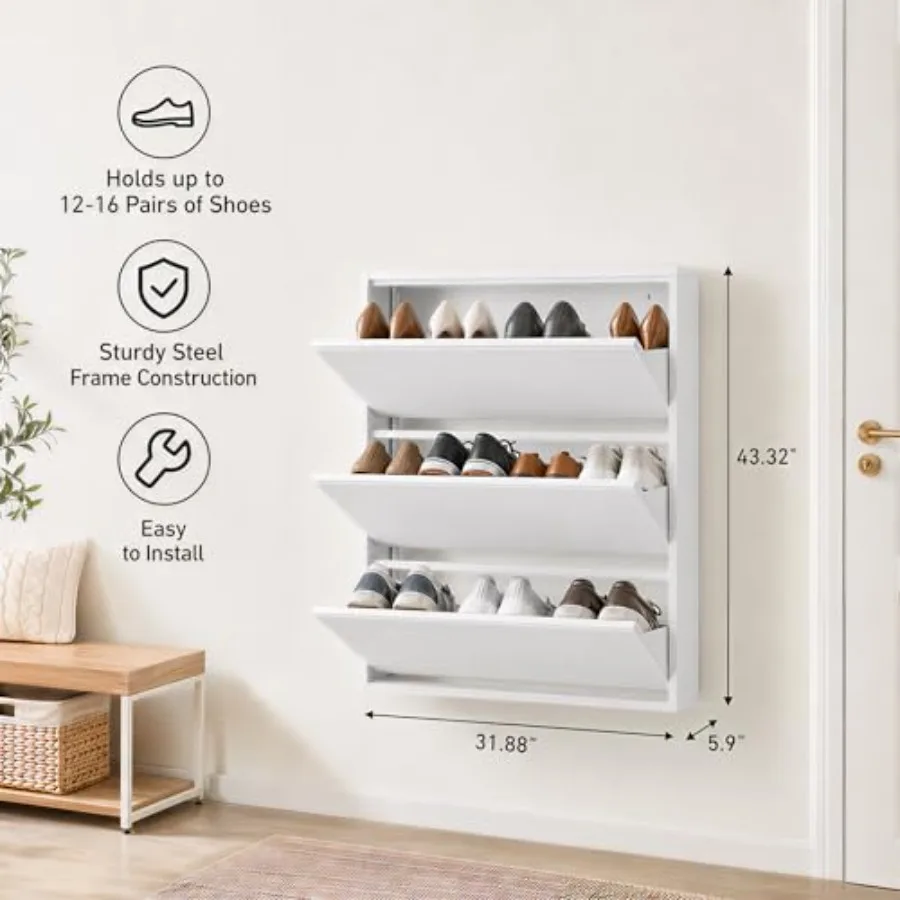 Slim Metal Shoe Cabinet for Entryway Use, Steel Construction, Matte Black Finish, Space-Saving Vertical Design