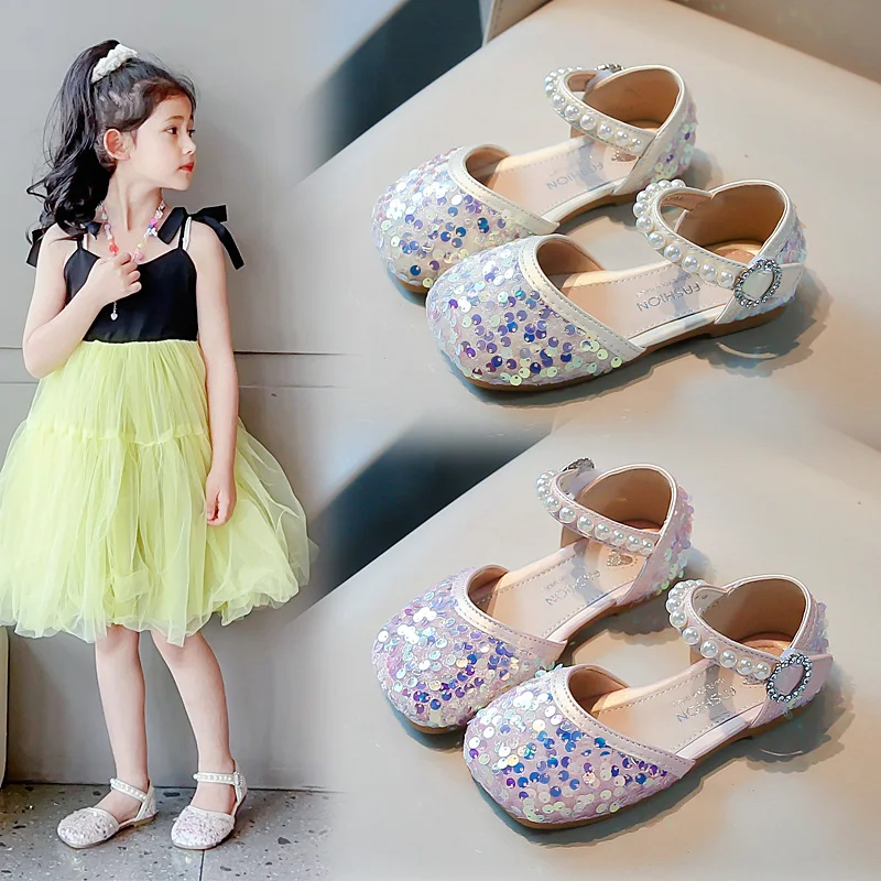 

Girls Fashion Sandals Beige Flash Diamond Pearl Little Girl Baby Leather Shoes Pink Flat Bottom Non-slip Children's Single Shoes