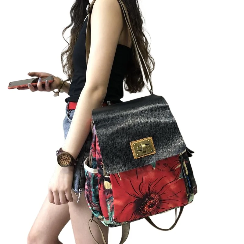 Genuine Colorful Printed Messenger Bag Women's Backpack Ethnic Style Fashion Leisure Travel Bags